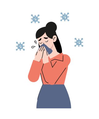 Hasta ve üzgün bir kadın, burnuna hapşırıyor ve soğuk mendil kağıdına öksürüyor. Nezle, zayıf ya da virüs bakterisi yüzünden. Düz vektör çizimi beyaz arkaplanda izole edildi