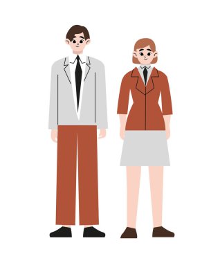 Koreli öğrenci karakteri. Erkek ve kız öğrenciler okul üniforması giyiyorlar. Düz vektör çizimi beyaz arkaplanda izole edildi