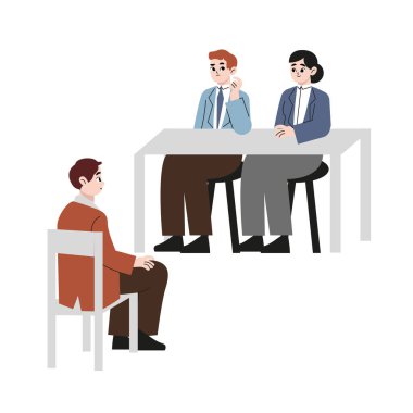 Erkek, bir mülakatçıyla görüşmüş. Düz vektör çizimi beyaz arkaplanda izole edildi