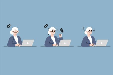 Evde dizüstü bilgisayarda çalışan ve internetten alışveriş yapan sevimli yaşlı bir kadın. Aktif hayat, modern teknoloji ve yaşlılık kavramı. Düz biçimli vektör illüstrasyonu