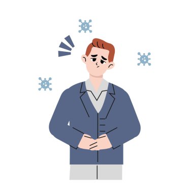 Karnını tutan bir adamın tasviri, midesinin açlıktan çalkalanması. Midem bulanır ya da ülser olurum. Düz çizilmiş biçim vektör tasarımı çizimi