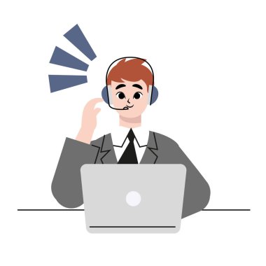 Merkezi arayacak iş adamları. Müşteri hizmetleri karakteri. Düz çizilmiş biçim vektör tasarımı çizimi