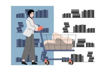 Adam süpermarkette bir market arabası dolusu erzak taşıyor. Çizgi film tarzında vektör illüstrasyonu