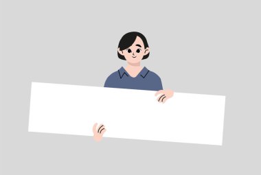 Elinde beyaz tahta olan bir kız. Metnin ya da sloganın için boş tabela gösteren mutlu bir kadın. Pankart, poster. Düz vektör çizimleri.