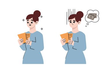 Faturaları ödemekten mutlu ve endişeli bir kadın. El çizimi biçim vektör tasarımı çizimleri.