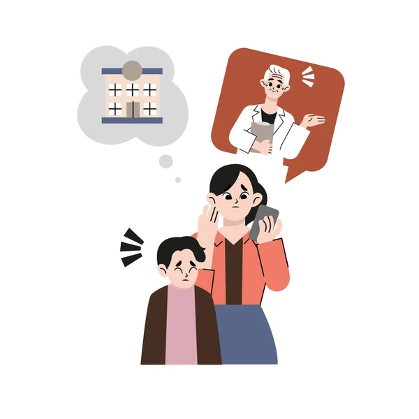 Mother Calling Consultation Counter Hospital Flat Drawn Style Vector Design — Image vectorielle