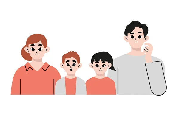 Young Families Embarrassed Facial Expressions Flat Drawn Style Vector Design — Vector de stock