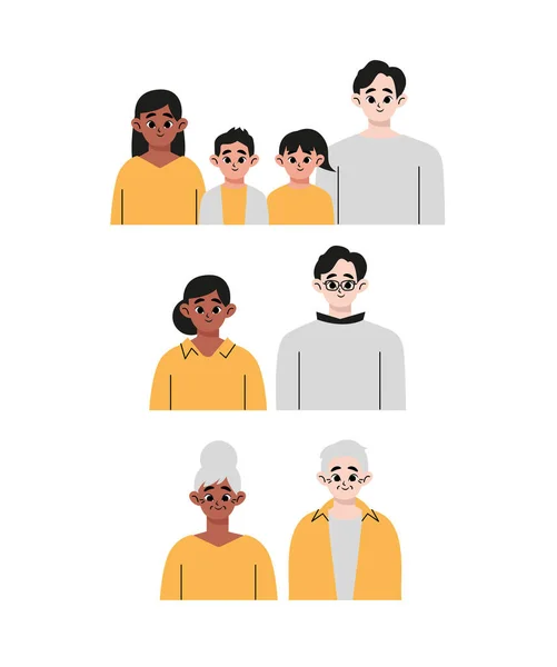 ファミリーセットコレクションバンドル 未成年の子供を持つアフリカ系アメリカ人と白人の家族の肖像画 幸せな多民族 多文化家族 平面図ベクトル図 — ストックベクタ