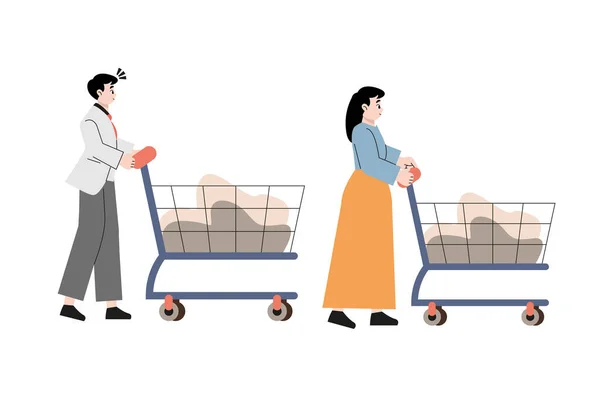 食料品と袋でいっぱいのショップカートを押す人 男と女のショッピングトロリーで歩く バイヤーのプロフィールスーパーマーケットトロリーで行く 白に隔離された買い物客のフラットベクトルイラスト — ストックベクタ
