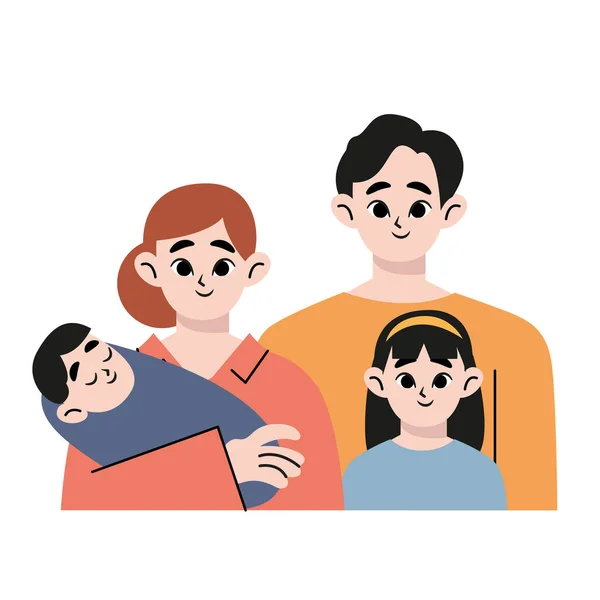 happy upper body family, 4 people, father, mother, girl and baby. Flat vector illustration isolated on white background