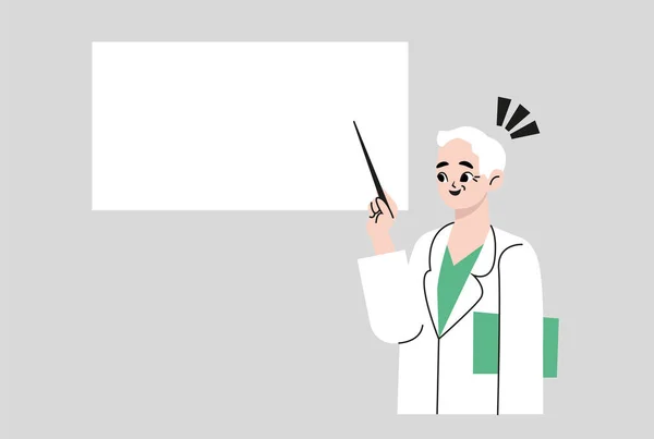 Illustration Aged Senior Man White Coat Pharmacist Doctor Explaining Points — Archivo Imágenes Vectoriales