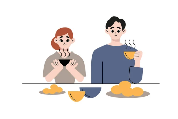 Masada Sağlıklı Yemek Yiyen Birbirini Izleyen Genç Çiftin Vektör Çizgi — Stok Vektör