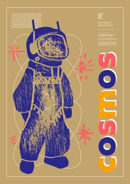 Space, astronaut. Poster design. Vector illustrations. Typography. Vintage engraving style. Background images for cover, banner, poster. T-shirt print.
