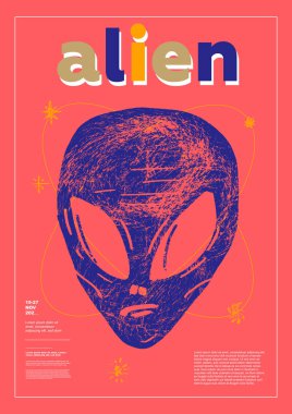 Space, alien. Poster design. Vector illustrations. Typography. Vintage engraving style. Background images for cover, banner, poster. T-shirt print.