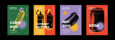 Corn dog, ketchup, mustard, hotdog, soda. Price tag or poster design. Set of vector illustrations. Typography. Vintage pencil sketch. Engraving style. Labels, cover, t-shirt print, painting.