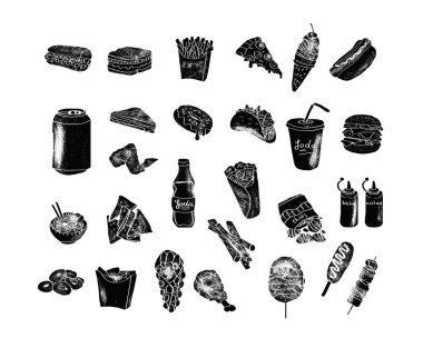 Big vector set, fast food. Sketch style. Fast food. Hamburger, taco, burrito, chicken, potato, fries, sandwich, lemonade, ice cream, hot dog, ketchup, mustard, soda. Hand drawn elements.