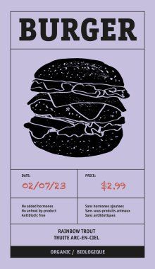 Modern tipografi afişi, el yapımı biftek. Burger soyut vektör paketleme etiketleri dizayn seti. Renkli kağıt arkaplan düzeni koleksiyonu izole edildi.