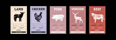 Et Soyut Vektör Paketleme Etiketleri Tasarım Seti. Modern Typography Banner, Hand Drawn Chicken, Beef, Pork, Lamb, Geyik eti. Renkli Kağıt Arkaplan Düzeni Koleksiyonu İzole Edildi.