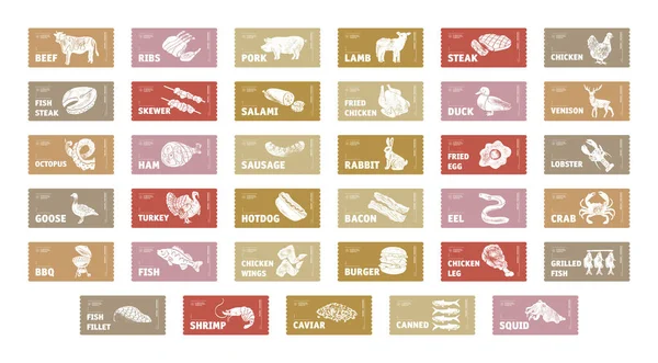 Αυτοκόλλητα Και Ετικέτες Κρέατος Πουλερικών Ψαριών Και Αυγών Διαφορετικές Συσκευασίες — Διανυσματικό Αρχείο