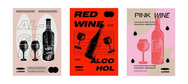 Wine Tasting Event Poster Set Alcoholic Beverage Garnish Minimalist Vector — Stock Vector