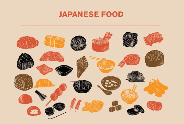 Sushi Rollos Platos Cocina Tradicional Japonesa Nigiri Temaki Tamago Sashimi — Vector de stock