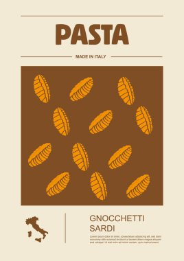 İtalyan makarna tipleri, paket seti etiketleri. Gnocchetti sadri makarna. Organik ve doğal ürün, yemek pişirmek için gurme malzemesi. El yapımı ve lezzetli. Düz biçimli vektör