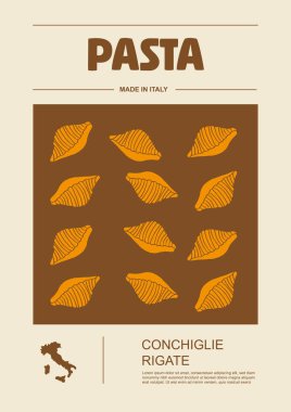 İtalyan makarna tipleri, paket seti etiketleri. Conchiglie rigate makarnası. Organik ve doğal ürün, yemek pişirmek için gurme malzemesi. El yapımı ve lezzetli. Düz biçimli vektör