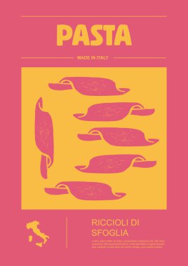İtalyan makarna tipleri, paket seti etiketleri. Riccioli di sfoglia makarna. Organik ve doğal ürün, yemek pişirmek için gurme malzemesi. El yapımı ve lezzetli. Düz biçimli vektör