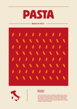 İtalyan makarna tipleri, paket seti etiketleri. Risi makarna. Organik ve doğal ürün, yemek pişirmek için gurme malzemesi. El yapımı ve lezzetli. Düz biçimli vektör