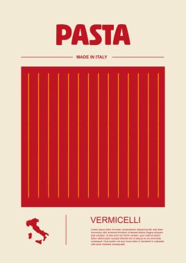 İtalyan makarna tipleri, paket seti etiketleri. Vermicelli makarna. Organik ve doğal ürün, yemek pişirmek için gurme malzemesi. El yapımı ve lezzetli. Düz biçimli vektör