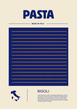 İtalyan makarna tipleri, paket seti etiketleri. Bigoli makarnası. Organik ve doğal ürün, yemek pişirmek için gurme malzemesi. El yapımı ve lezzetli. Düz biçimli vektör