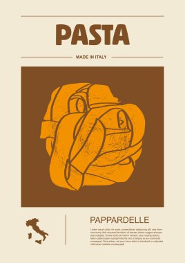 İtalyan makarna tipleri, paket seti etiketleri. Pappardelle makarnası. Organik ve doğal ürün, yemek pişirmek için gurme malzemesi. El yapımı ve lezzetli. Düz biçimli vektör