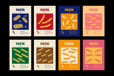İtalyan makarna tipleri, paket seti etiketleri. Rigatoni, maccheroni, fusilli, spiale, bucati, corti, girandole, pinnatif makarna. Organik ve doğal ürün, yemek pişirmek için gurme malzemesi..