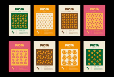 İtalyan makarna tipleri, paket seti etiketleri. Farfalline, anellini, corallini, quadretti, mezze maniche rigate, midolline, sorprese, stelline pasta. Organik ve doğal ürün