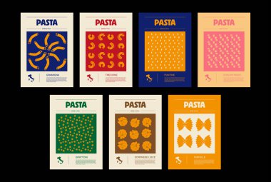 İtalyan makarna tipleri, paket seti etiketleri. Gramigna, Treccine, Puntine, Ditalini rigati, Grattoni, Sorprese lisce, Farfalle pasta. Organik ve doğal ürün