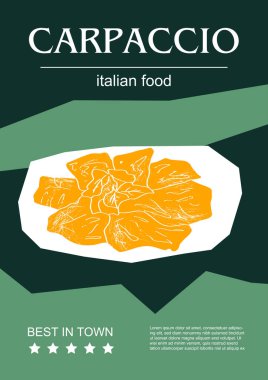 İtalyan yemeği vektör çizimi. İşlenmiş carpaccio, geleneksel tabaklar, ev yapımı ve restoran yemekleri ve İtalyan mutfağında pişirilen soslar.