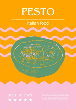 İtalyan yemeği vektör çizimi. İşlenmiş pesto, geleneksel yemek paketleri, ev yapımı ve restoran yemekleri ve İtalyan mutfağında pişirilen soslar.