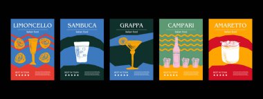 İtalyan içkisi vektör çizimi. İşlenmiş limoncello, sambuca, grappa, campari, amaretto demet geleneksel yemek, ev yapımı. 