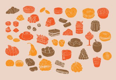 Büyük bir Fransız tatlısı seti. Cafe, fırın ve restoran menüsü için popüler geleneksel tatlıların elle çizilmiş renkli çizimi.