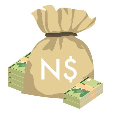 Namibya Doları Vektör İllüstrasyonu. Namibya parası tomarla para biriktirdi. Para çantası 50 NAD. Düz stil. Beyaz arka planda izole edilmiş. Basit minimal tasarım.