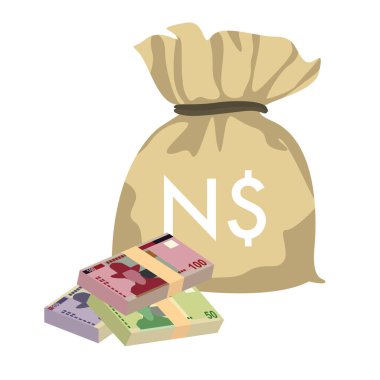 Namibya Doları Vektör İllüstrasyonu. Namibya parası tomarla para biriktirdi. Para çantası 50, 100, 200 NAD. Düz stil. Beyaz arka planda izole edilmiş. Basit minimal tasarım.