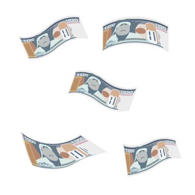 Mongolian Tugrik Vector Illustration. Mongolia money set bundle banknotes. Falling, flying money 1000 MNT. Flat style. Isolated on white background. Simple minimal design. clipart