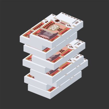 Moldova Leu Vektör İllüstrasyonu. Moldova parası tomarla banknot hazırladı. Kağıt para 200 MDL. Düz stil. Beyaz arka planda izole edilmiş. Basit minimal tasarım.