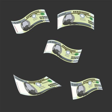 Mozambik Metical Vektör İllüstrasyonu. Mozambik parası tomarla para ayarladı. Düşen, uçan para 1000 MZN. Düz stil. Beyaz arka planda izole edilmiş. Basit minimal tasarım.