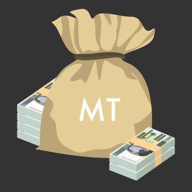 Mozambik Metical Vektör İllüstrasyonu. Mozambik parası tomarla para ayarladı. Para çantası 1000 MZN. Düz stil. Beyaz arka planda izole edilmiş. Basit minimal tasarım.