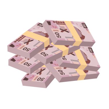 Meksika Peso Vektör İllüstrasyonu. Meksika parası demet banknotlar hazırladı. Kağıt para 50 MXN. Düz stil. Beyaz arka planda izole edilmiş. Basit minimal tasarım.