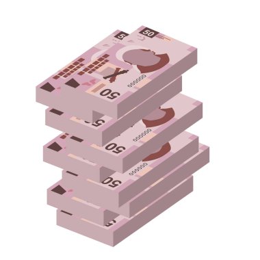 Meksika Peso Vektör İllüstrasyonu. Meksika parası demet banknotlar hazırladı. Kağıt para 50 MXN. Düz stil. Beyaz arka planda izole edilmiş. Basit minimal tasarım.