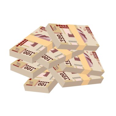 Meksika Peso Vektör İllüstrasyonu. Meksika parası demet banknotlar hazırladı. Kağıt para 100 MXN. Düz stil. Beyaz arka planda izole edilmiş. Basit minimal tasarım.