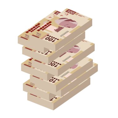 Meksika Peso Vektör İllüstrasyonu. Meksika parası demet banknotlar hazırladı. Kağıt para 100 MXN. Düz stil. Beyaz arka planda izole edilmiş. Basit minimal tasarım.