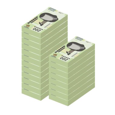 Meksika Peso Vektör İllüstrasyonu. Meksika parası demet banknotlar hazırladı. Kağıt para 200 MXN. Düz stil. Beyaz arka planda izole edilmiş. Basit minimal tasarım.